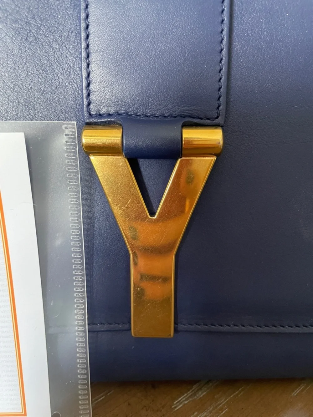 Yves Saint Laurent Deep Blue Leather Clutch with Gold Y Accent - Picture 2 of 5